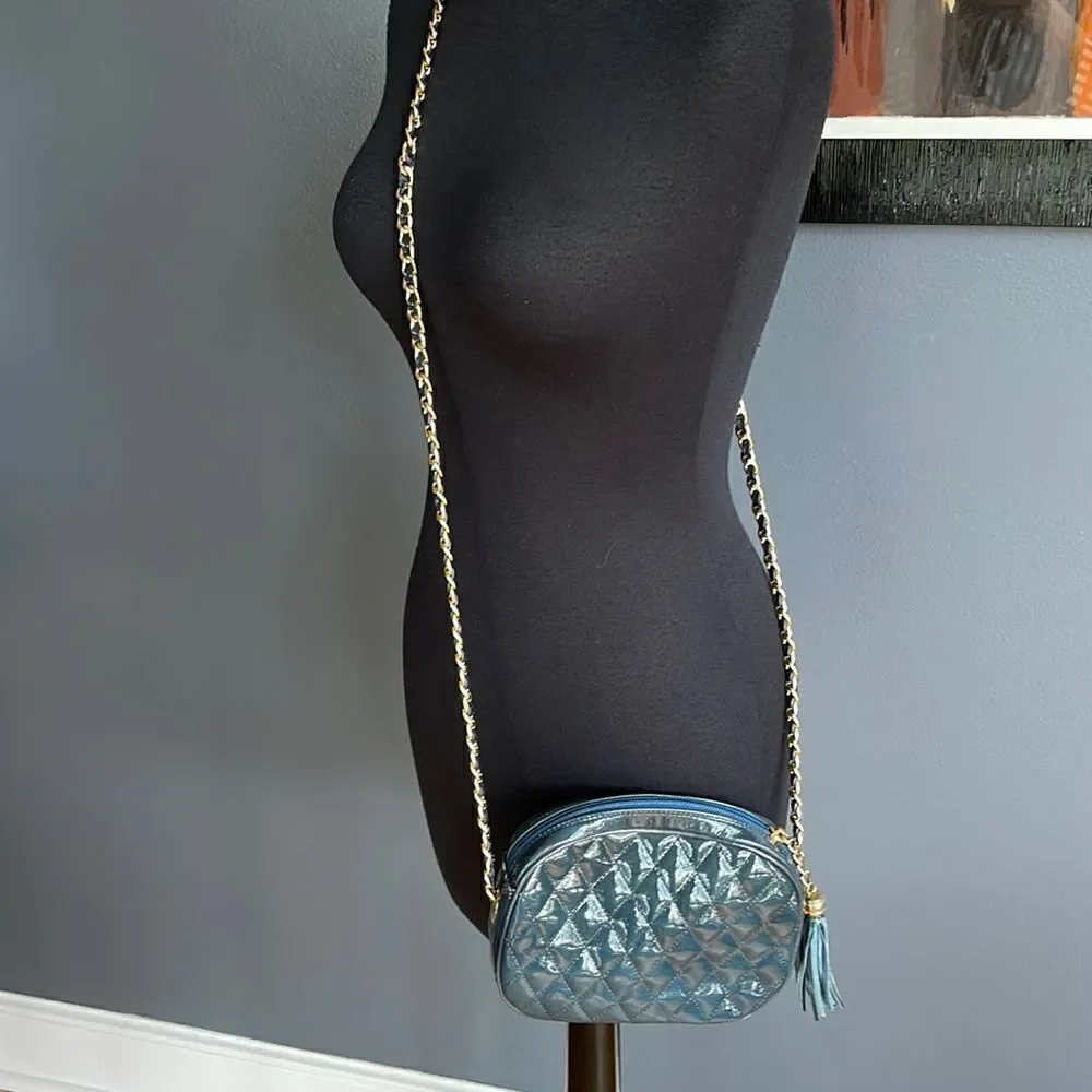 Nordstrom deep teal quilted patent leather woven chain crossbody bag. Tassel zip